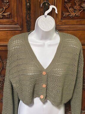 Women’s Boho Cropped Crochet Knit Fairy Festival Button Cardigan Green Size S.